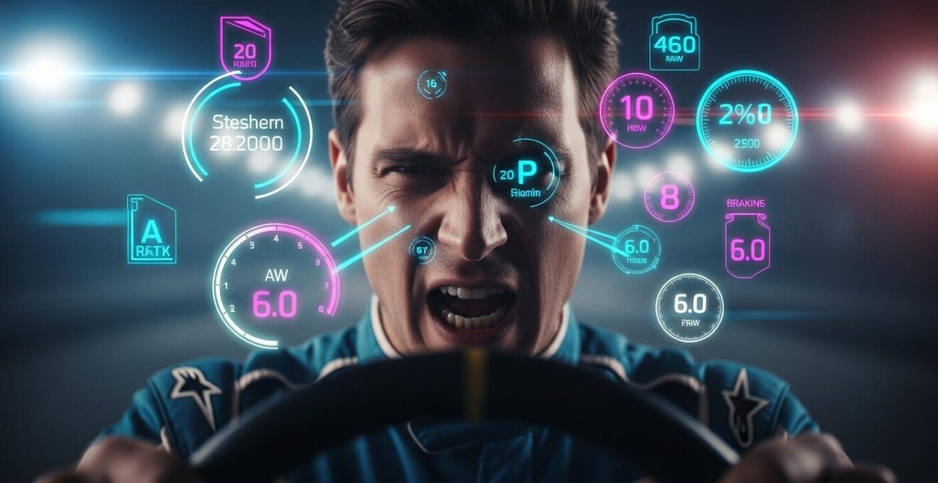 Illustration symbolique montrant un pilote automobile avec un effet de vision en tunnel et des données de télémétrie autour de lui