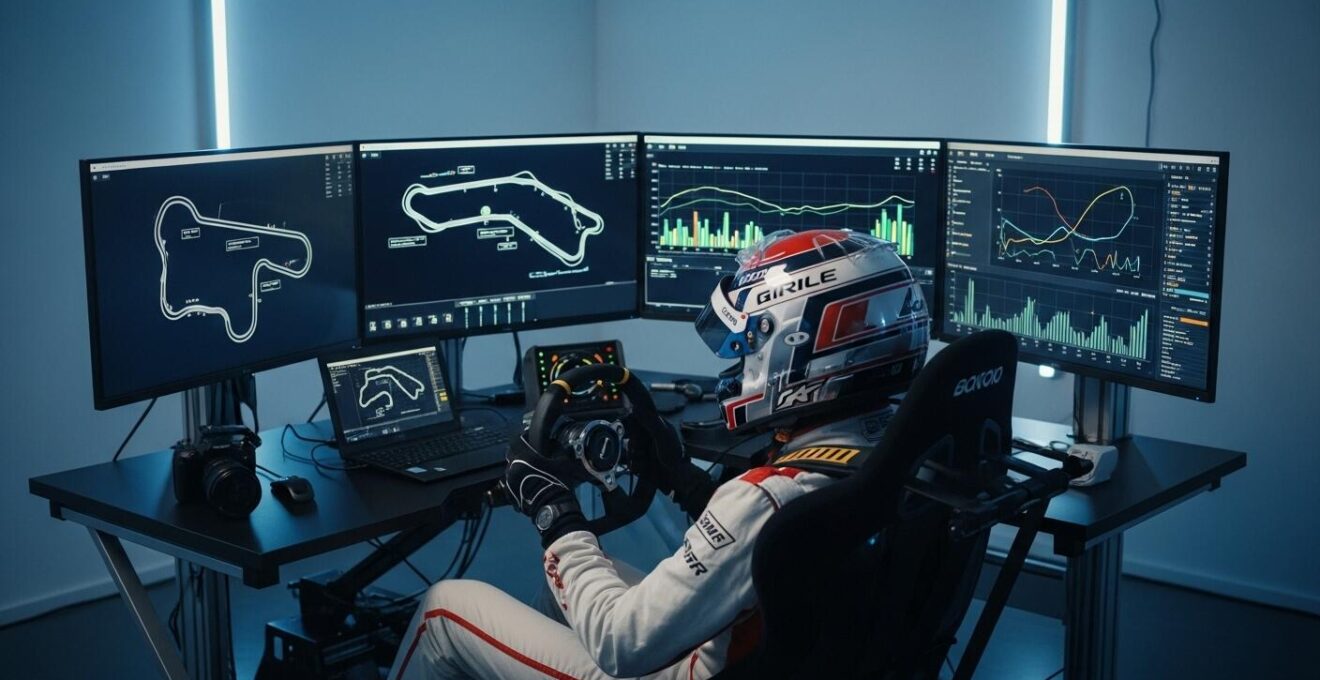 Illustration montrant un pilote étudiant un circuit avec un simulateur, une carte du tracé et une analyse de données télémétriques