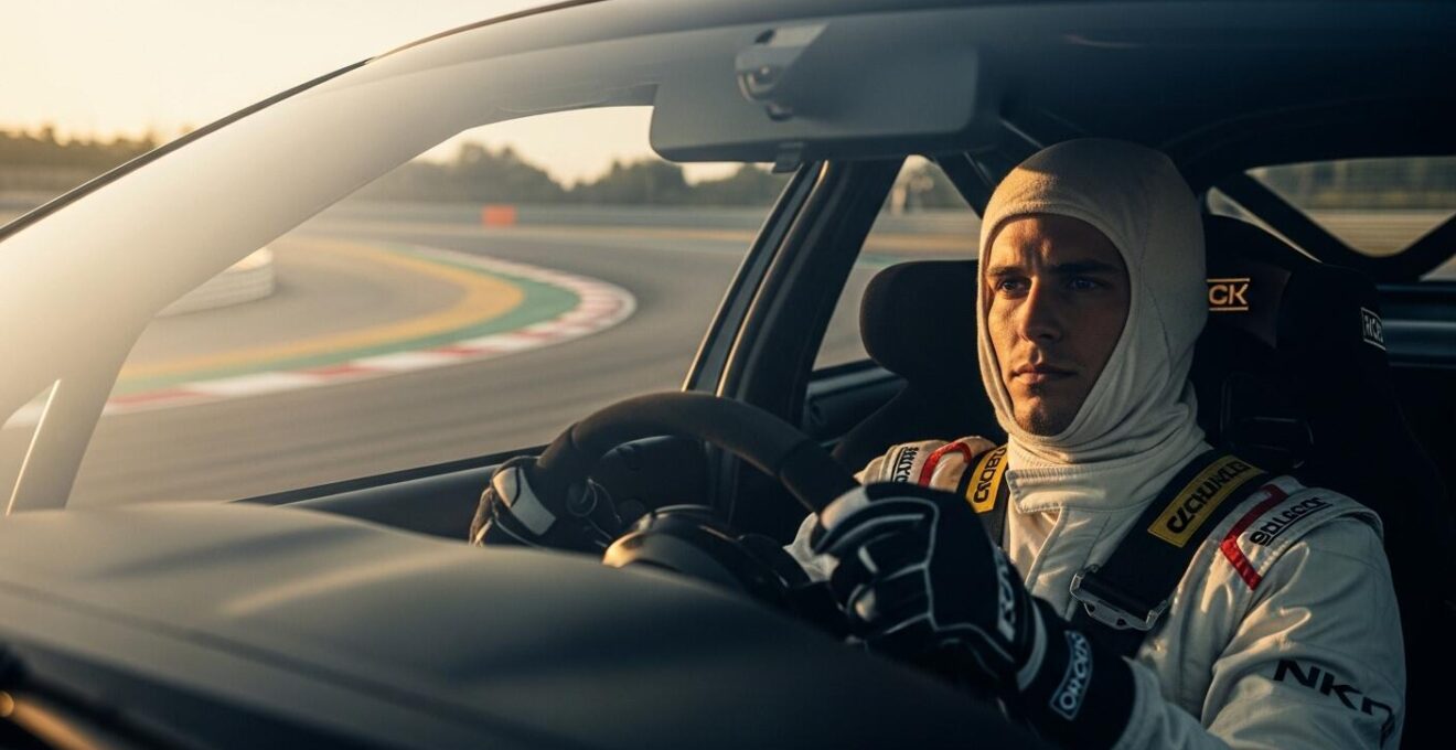 Un pilote de sport automobile concentré au volant sur un circuit moderne, avec des courbes et des détails du tracé visible en arrière-plan