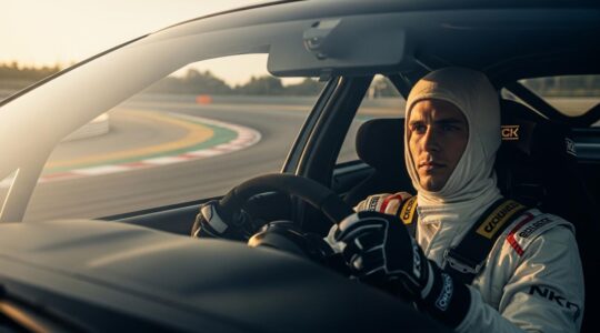 Un pilote de sport automobile concentré au volant sur un circuit moderne, avec des courbes et des détails du tracé visible en arrière-plan