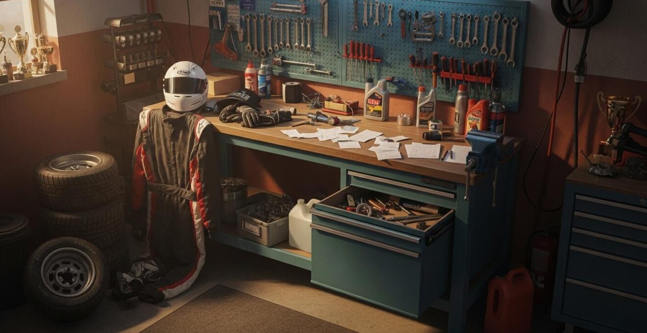 Une table de garage avec pneus usés, factures, équipements et outils de karting dispersés montrant les coûts d’une saison