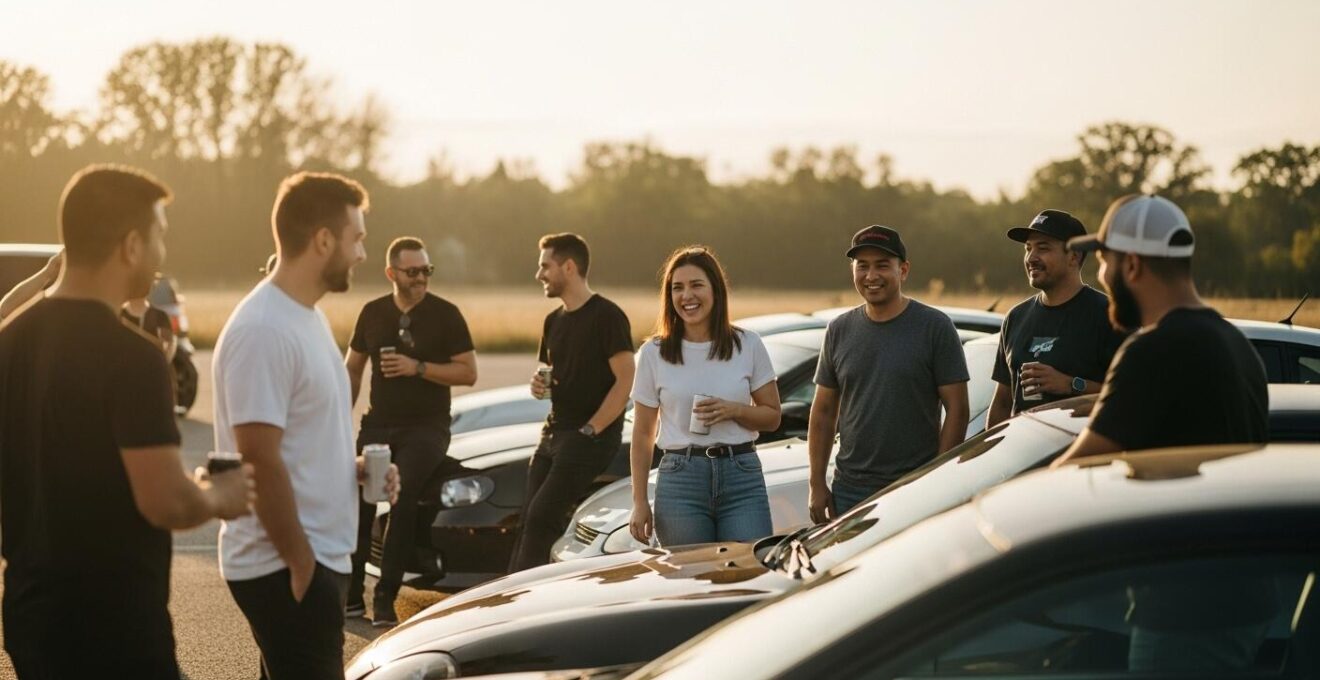 Groupe de passionnés de sport automobile discutant lors d'un événement club, ambiance conviviale et chaleureuse