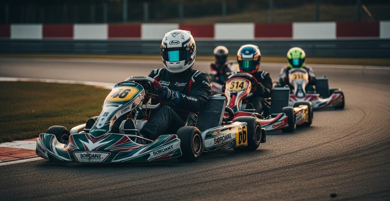 Un pilote de karting en pleine course sur un circuit professionnel avec concentration intense et karts en arrière-plan