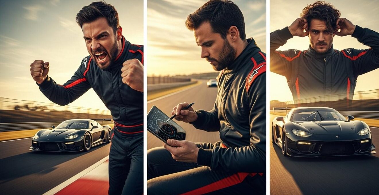 Trois pilotes de sport automobile représentant les tempéraments agressif, calculateur et instinctif sur une piste de course