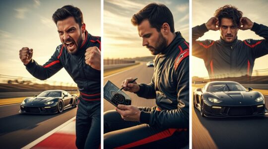 Trois pilotes de sport automobile représentant les tempéraments agressif, calculateur et instinctif sur une piste de course