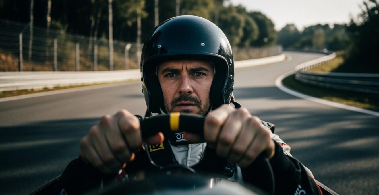 Pilote de sport automobile ressentant les sensations d'un virage en aveugle sur un circuit vallonné avec vue sur la route sinueuse et les repères périphériques