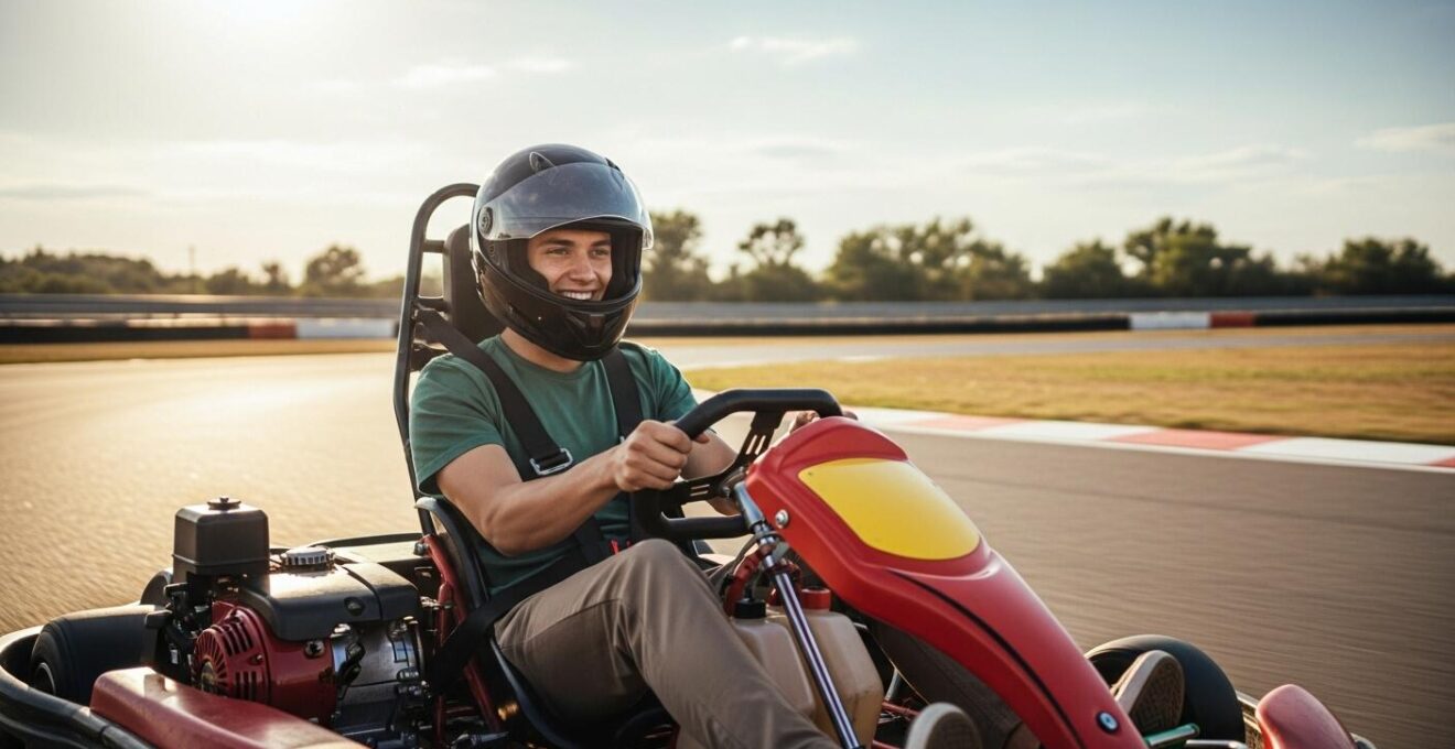 Pilote de karting souriant lançant sa première session sur circuit extérieur ensoleillé avec ambiance dynamique et joyeuse