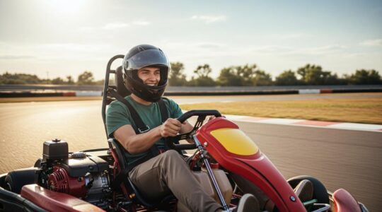 Pilote de karting souriant lançant sa première session sur circuit extérieur ensoleillé avec ambiance dynamique et joyeuse