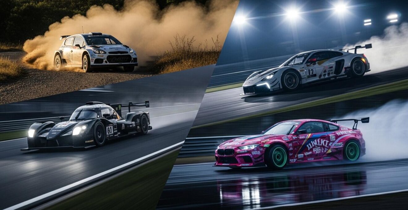 Véhicules de sport automobile en action sur différentes disciplines : rallye, circuit, endurance et drift