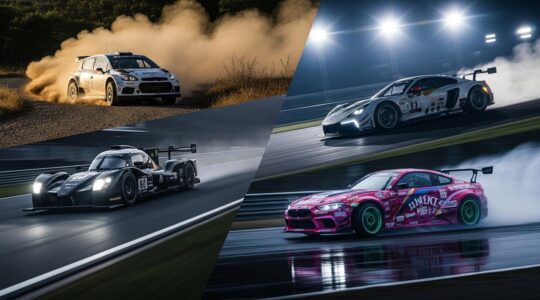 Véhicules de sport automobile en action sur différentes disciplines : rallye, circuit, endurance et drift