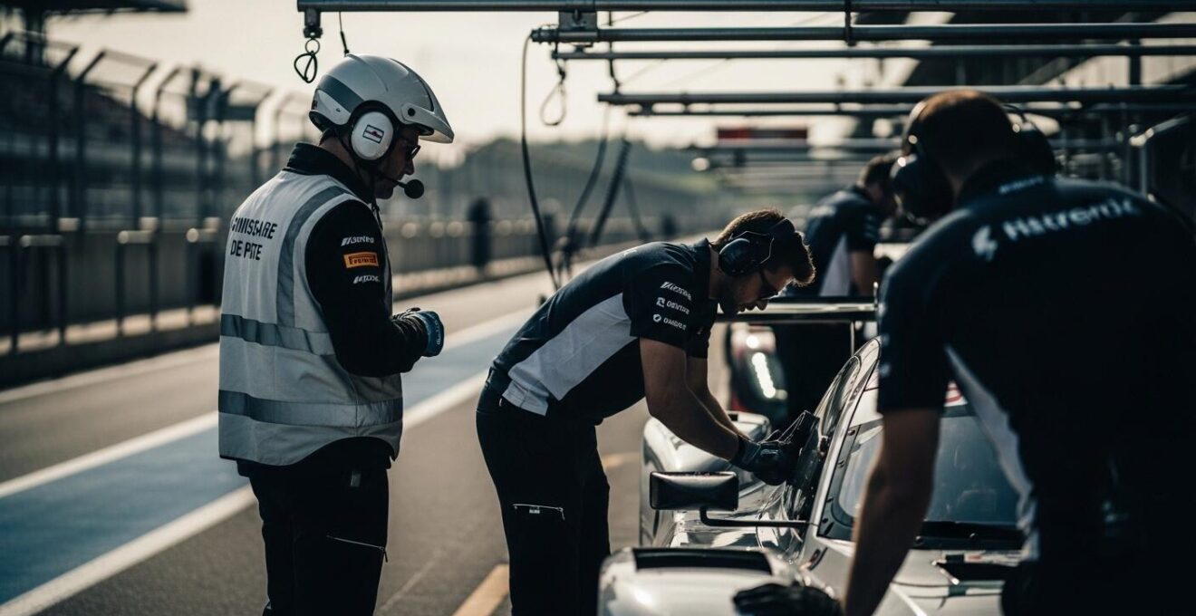 Commissaire de piste en action sur un circuit et mécanicien préparant une voiture, ambiance d'équipe passionnée