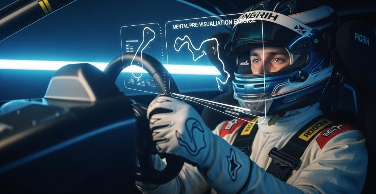 Illustration réaliste d’un pilote en casque utilisant un simulateur de course avec un affichage de visualisation mentale en avant-plan