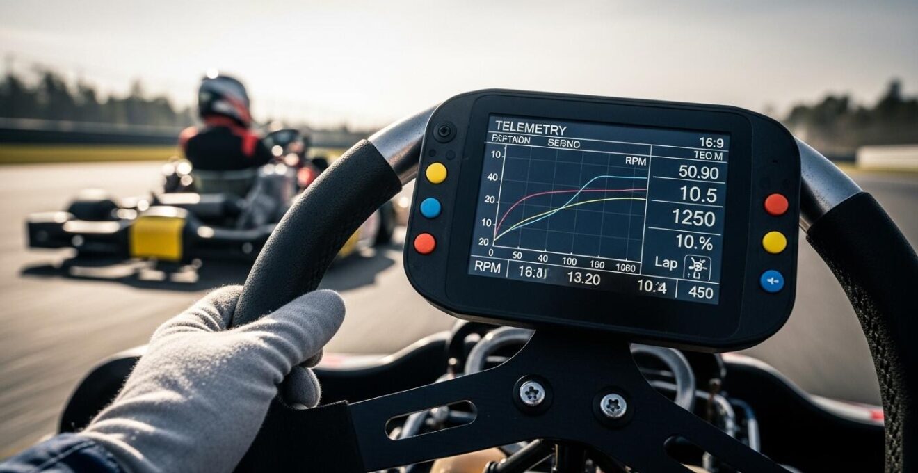 Tablette de télémétrie connectée sur le volant d'un kart avec graphes de performance visibles