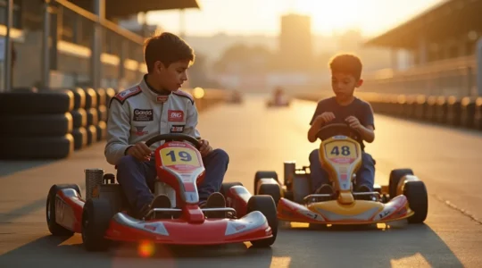 Un pilote débutant en karting regardant plusieurs modèles de karts alignés sur une piste, montrant la comparaison entre un kart très performant et un kart adapté à un débutant