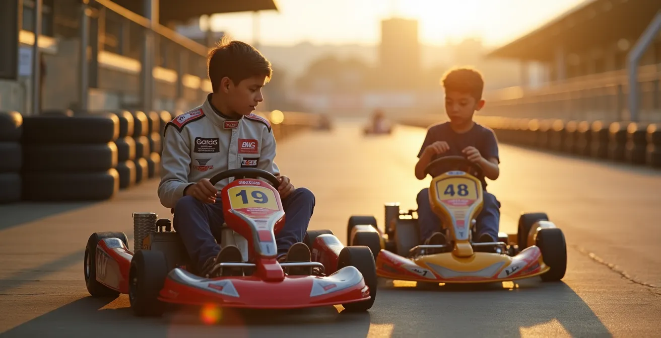 Un pilote débutant en karting regardant plusieurs modèles de karts alignés sur une piste, montrant la comparaison entre un kart très performant et un kart adapté à un débutant