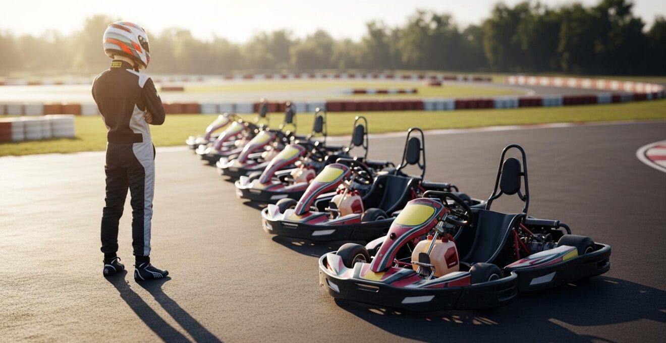 Un jeune pilote débutant choisissant un kart parmi plusieurs karts de différentes performances sur une piste de karting