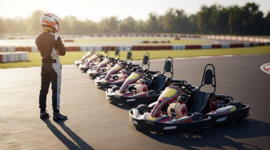 Un jeune pilote débutant choisissant un kart parmi plusieurs karts de différentes performances sur une piste de karting