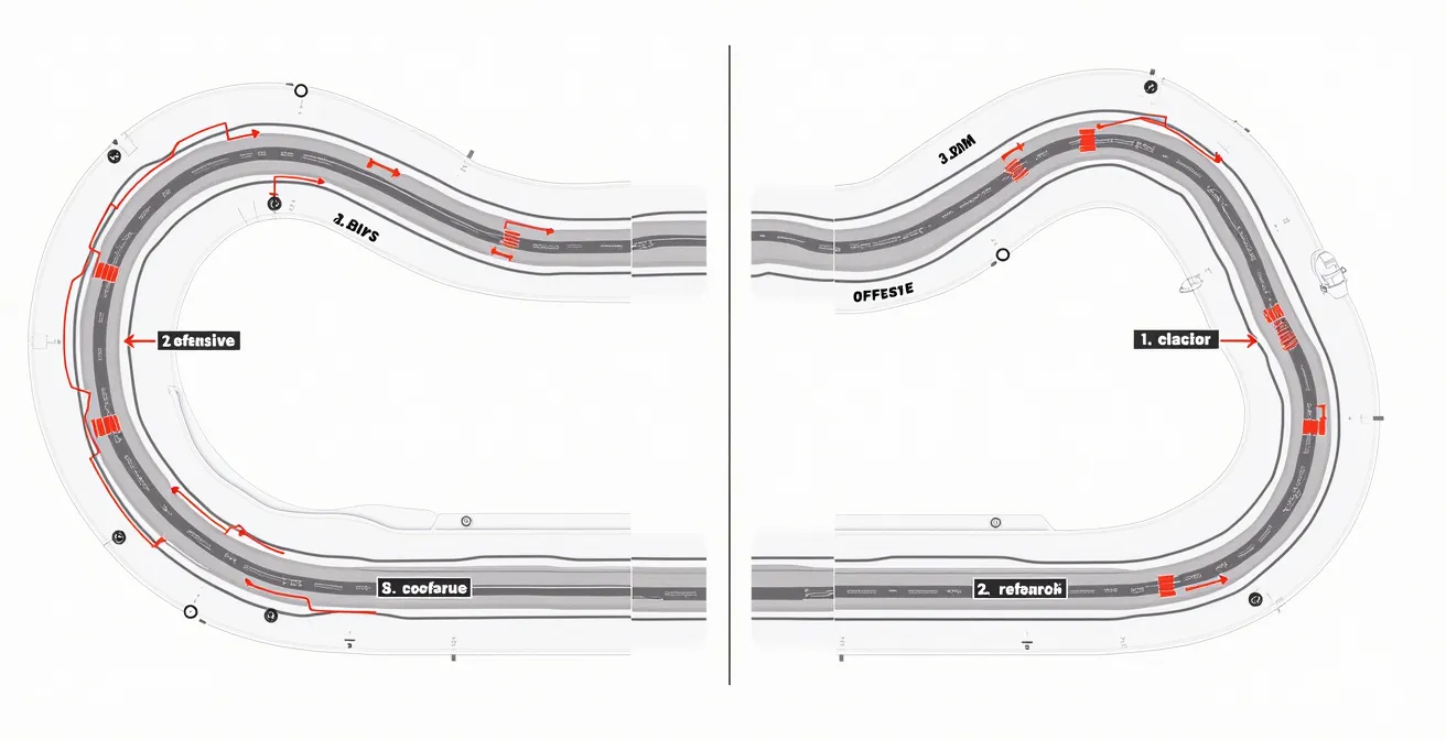 Schéma comparatif entre trajectoire défensive et offensive, différentes lignes de pilotage selon setup et usure des pneus sur un circuit de sport auto.