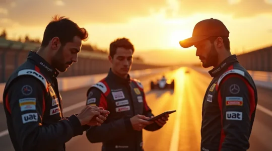 Trois pilotes de course observant intensément la piste depuis le bord du circuit, chacun incarnant un style de pilotage distinct : agressif, calculateur, instinctif.