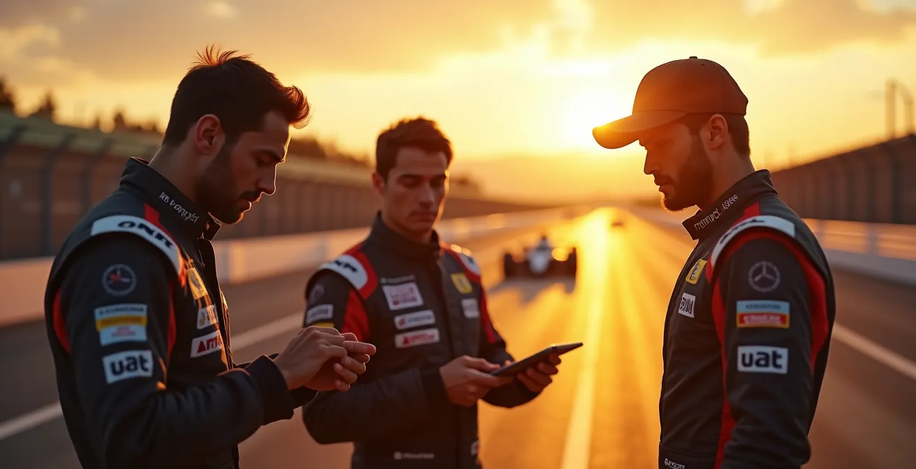 Trois pilotes de course observant intensément la piste depuis le bord du circuit, chacun incarnant un style de pilotage distinct : agressif, calculateur, instinctif.