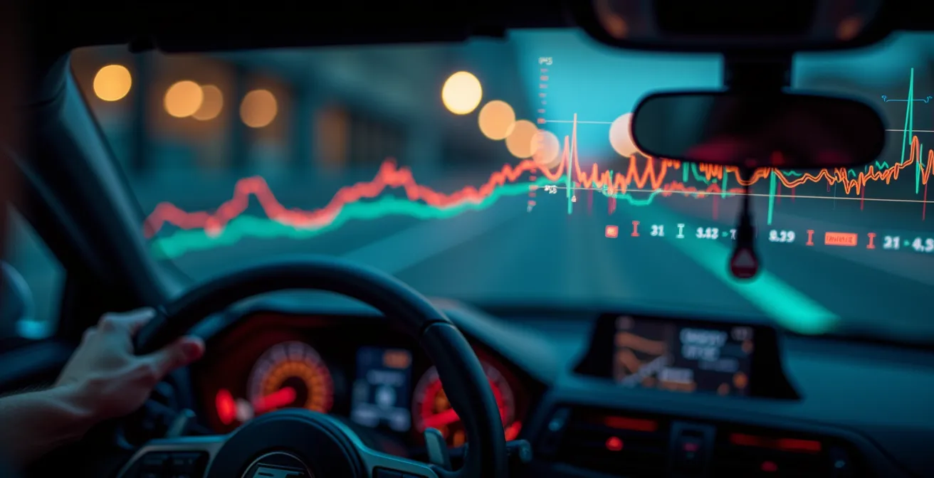 Graphique détaillant les courbes de l'angle de volant avec annotations indiquant les vibrations et micro-corrections révélant les problèmes d'adhérence du kart