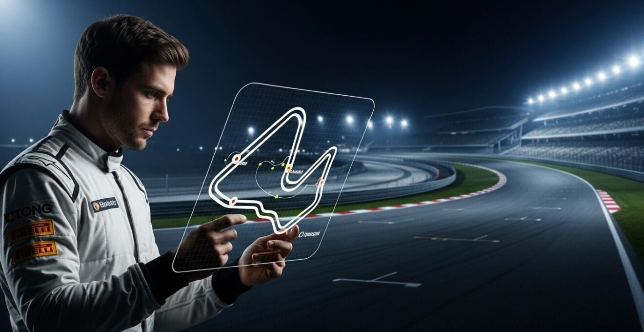 Un pilote de sport automobile analysant un circuit avec une carte virtuelle et un fond de piste de course moderne