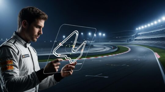 Un pilote de sport automobile analysant un circuit avec une carte virtuelle et un fond de piste de course moderne