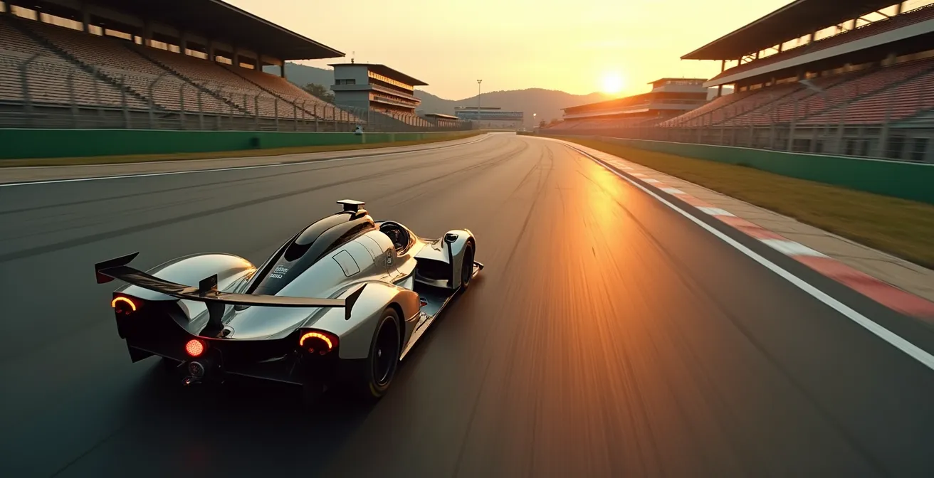 Vue aérienne d'un pilote professionnel en voiture de course effectuant une reconnaissance de circuit avec repères visuels personnalisés