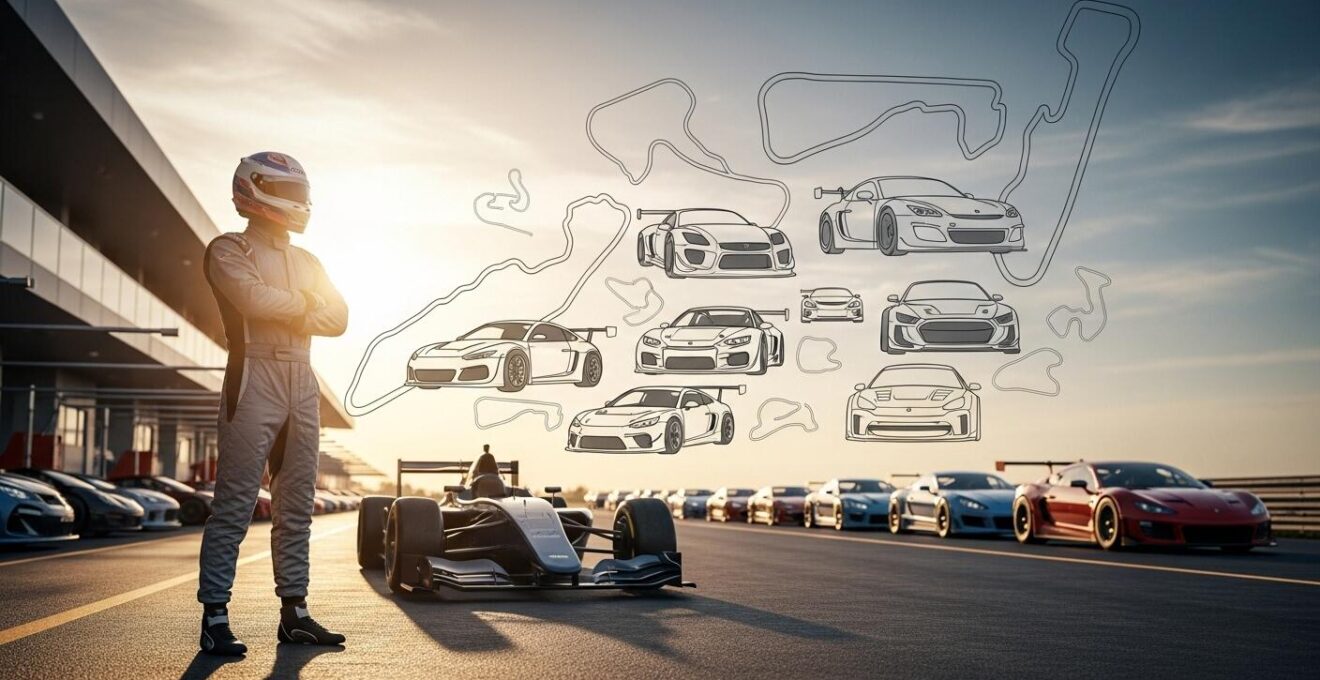 Un pilote de sport automobile en combinaison, prêt à entrer sur circuit, avec un arrière-plan dynamique montrant différents types de voitures de course et des tracés de circuits emblématiques.