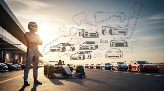 Un pilote de sport automobile en combinaison, prêt à entrer sur circuit, avec un arrière-plan dynamique montrant différents types de voitures de course et des tracés de circuits emblématiques.