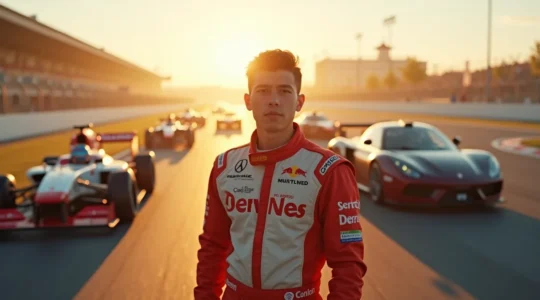 Un pilote de sport automobile prêt à s'élancer sur la piste avec plusieurs types de voitures et trophées en arrière-plan