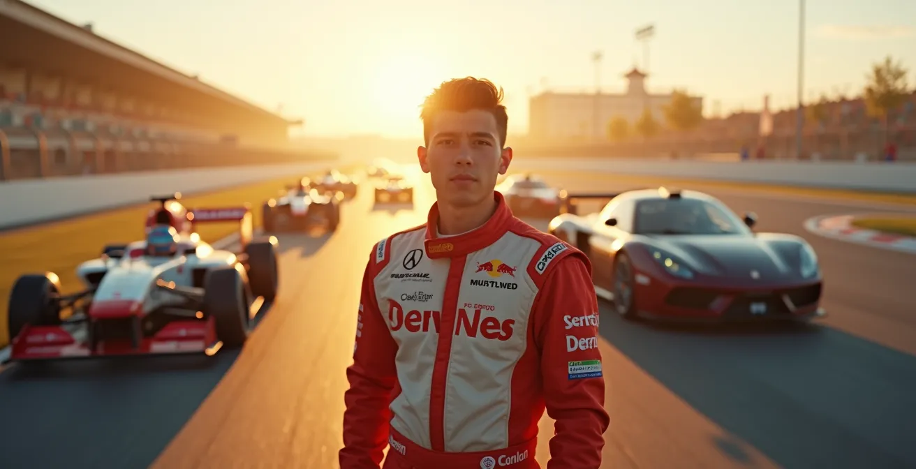 Un pilote de sport automobile prêt à s'élancer sur la piste avec plusieurs types de voitures et trophées en arrière-plan