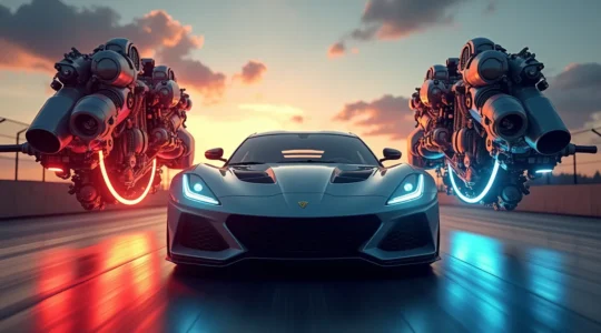 Une image symbolique d'une voiture de sport avec deux moteurs en arrière-plan, un moteur 2 temps vibrant et un moteur 4 temps linéaire, illustrant la dualité du choix moteur