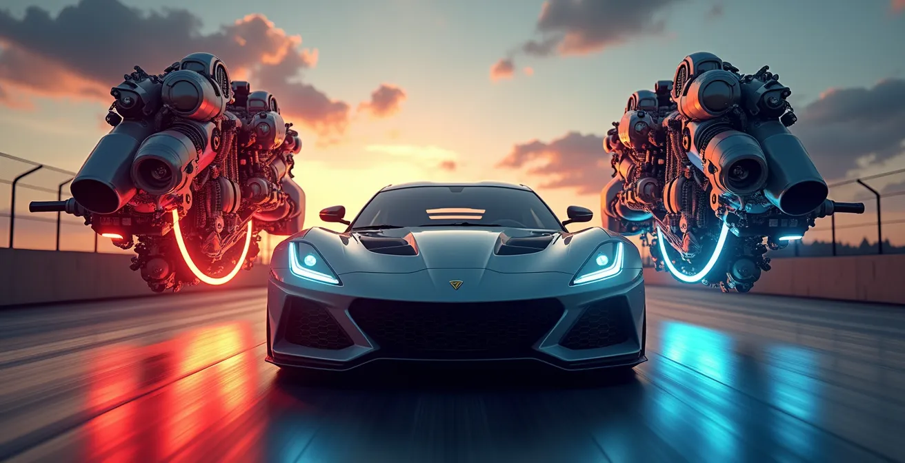 Une image symbolique d'une voiture de sport avec deux moteurs en arrière-plan, un moteur 2 temps vibrant et un moteur 4 temps linéaire, illustrant la dualité du choix moteur