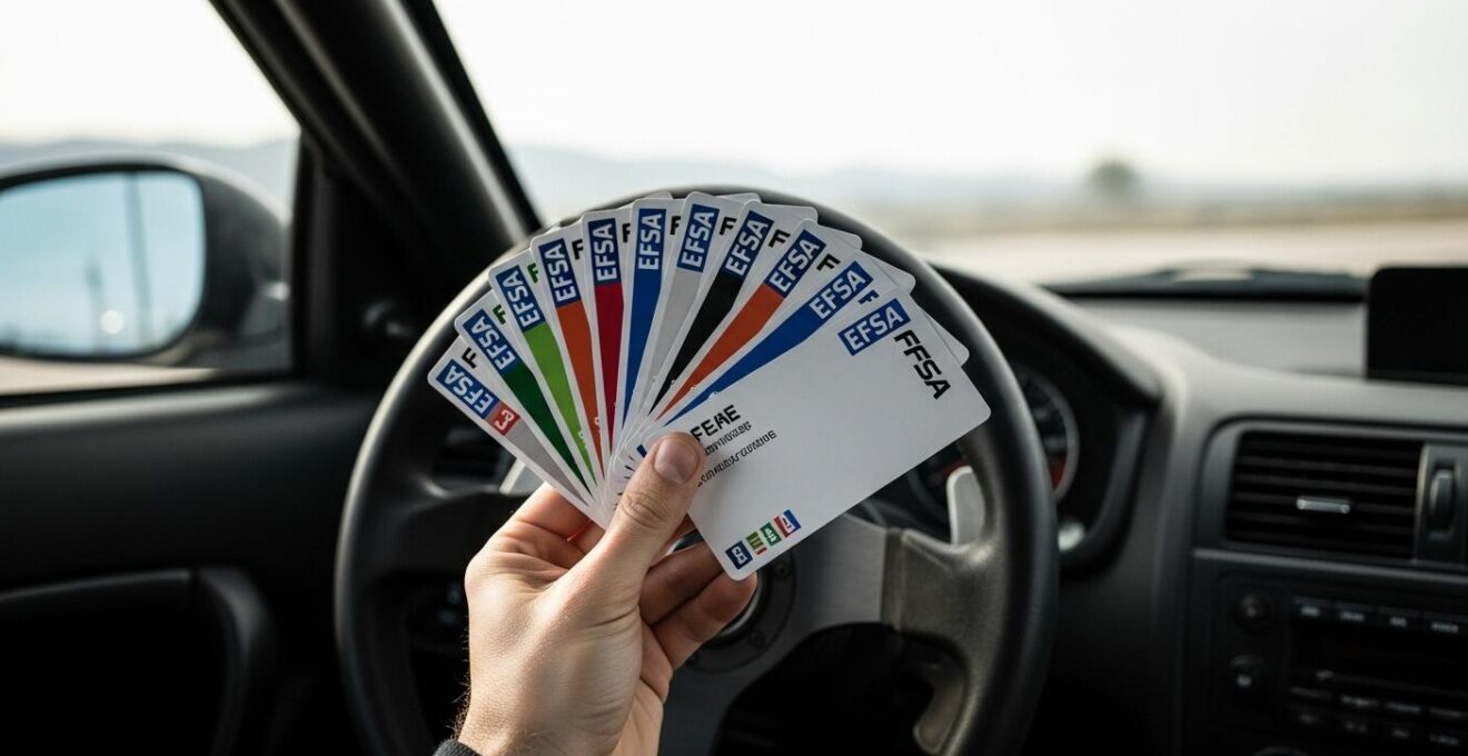 Une main tenant plusieurs cartes de licences différentes posées sur un volant de voiture de course sur circuit