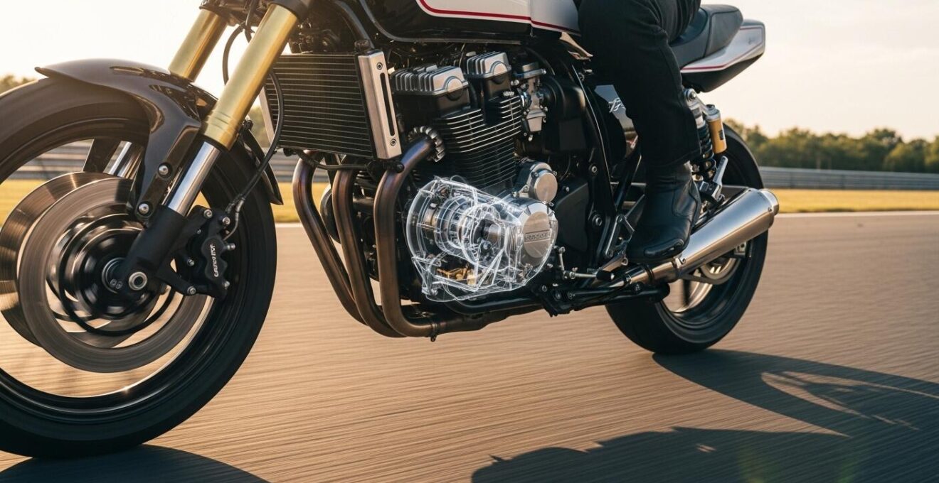 Vue dynamique d'une moto de sport en action sur circuit avec mise en avant du moteur, symbolisant le choix entre moteur 2 temps et 4 temps
