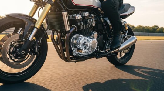 Vue dynamique d'une moto de sport en action sur circuit avec mise en avant du moteur, symbolisant le choix entre moteur 2 temps et 4 temps