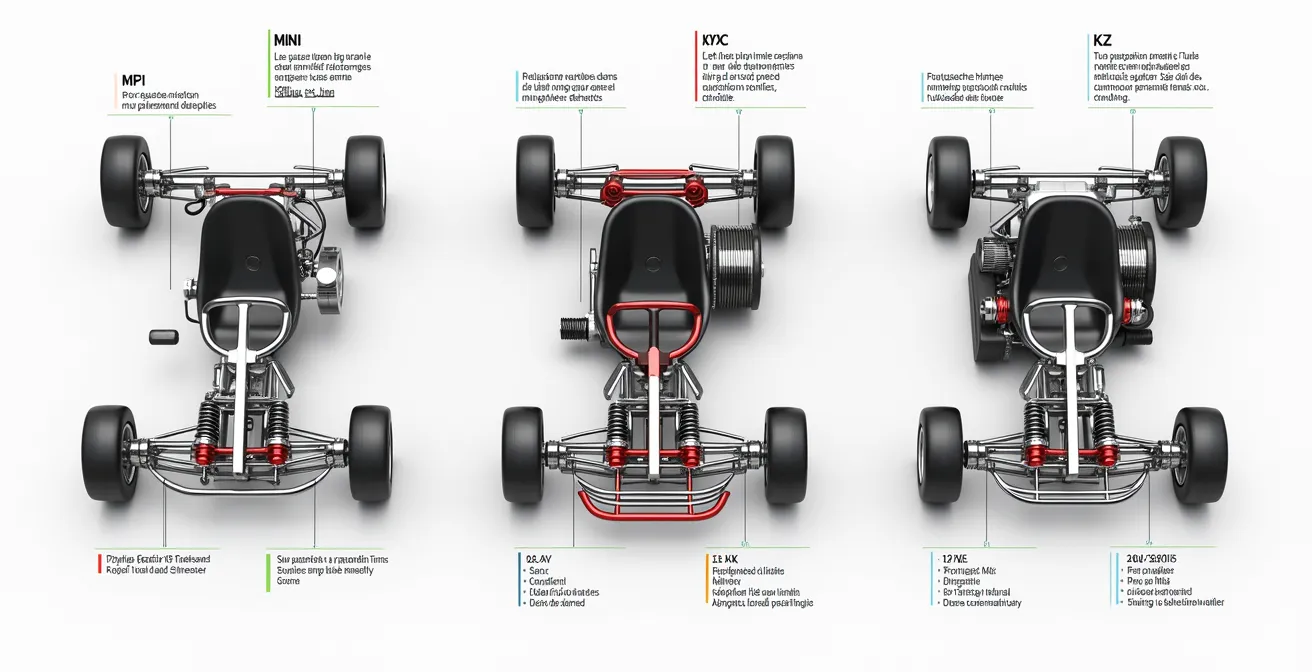 Diagrammes comparatifs des châssis kart Mini, Rotax et KZ illustrant les différences de géométrie et de systèmes de freinage