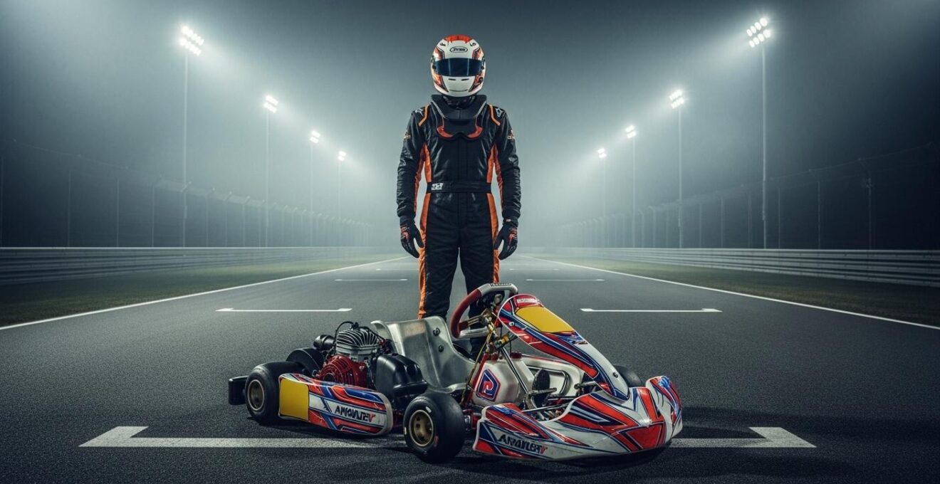 Pilote de karting portant un neck brace moderne sur un circuit, avec ambiance de débat sportif