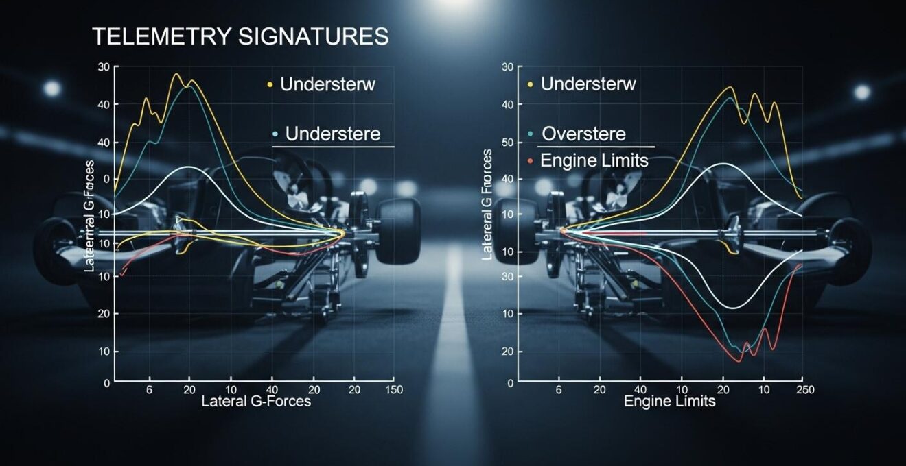 Illustration conceptuelle des signatures de courbes de télémétrie traduisant sous-virage, survirage et problèmes de réglage de kart