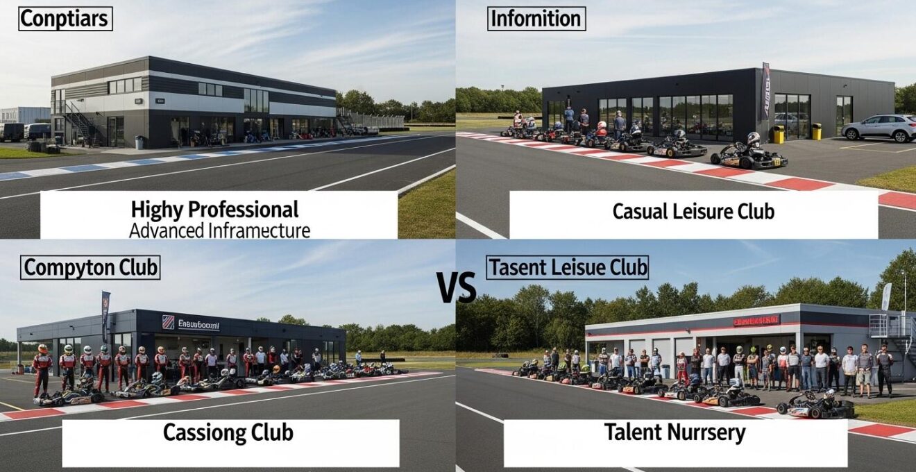 Vue comparative montrant plusieurs clubs de karting avec différents profils, infrastructures, et niveaux d’équipement