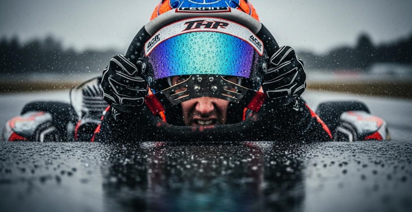 Scène de karting sous la pluie montrant un pilote concentré sur la gestion du grip et l’écoute du crissement des pneus.
