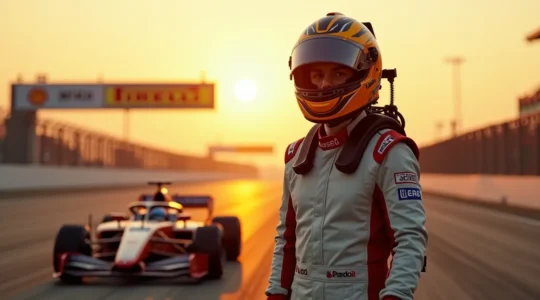 Pilote de sport automobile équipé complet avec casque, combinaison, et protections sur circuit de course