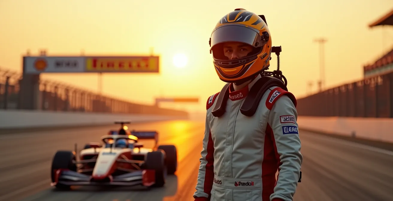 Pilote de sport automobile équipé complet avec casque, combinaison, et protections sur circuit de course
