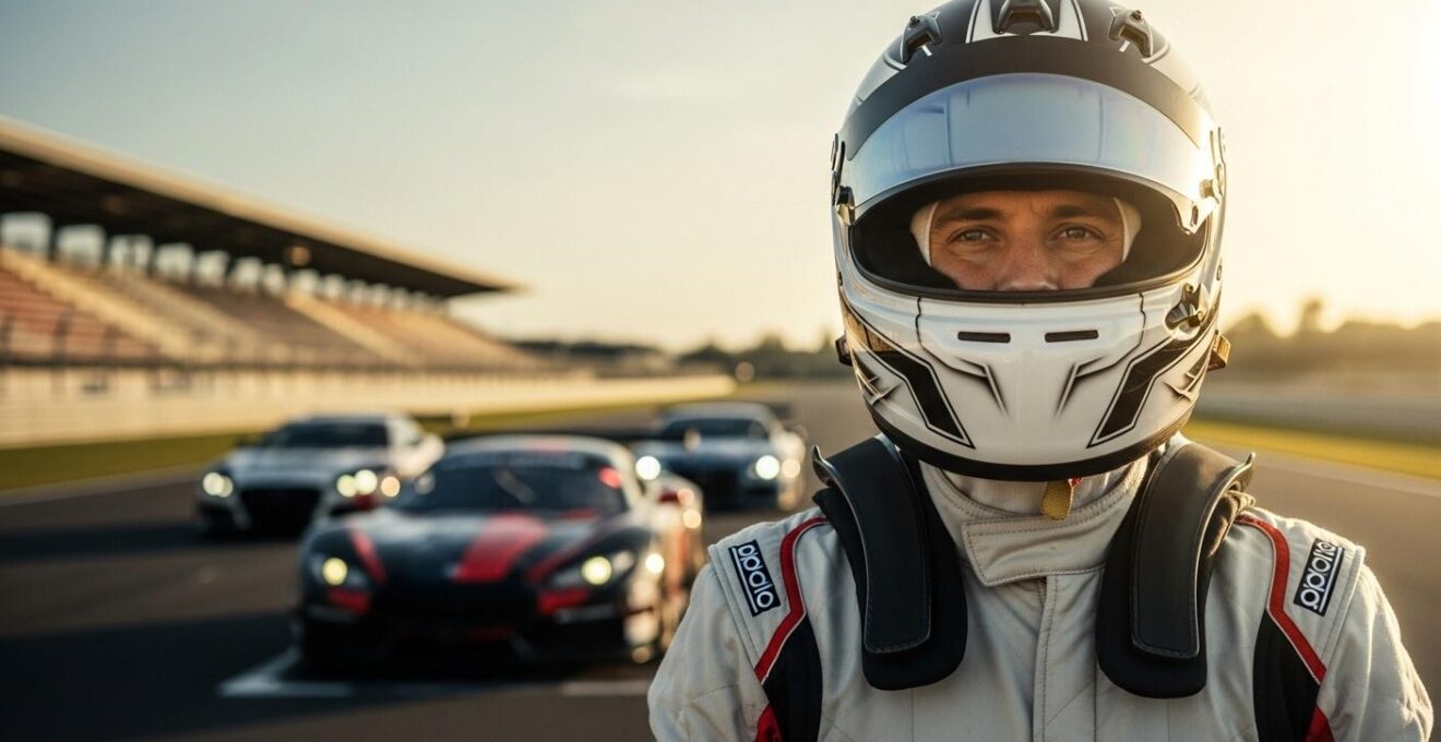Pilote de sport automobile en tenue complète de sécurité sur un circuit, avec casque et combinaison visibles