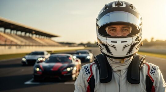Pilote de sport automobile en tenue complète de sécurité sur un circuit, avec casque et combinaison visibles