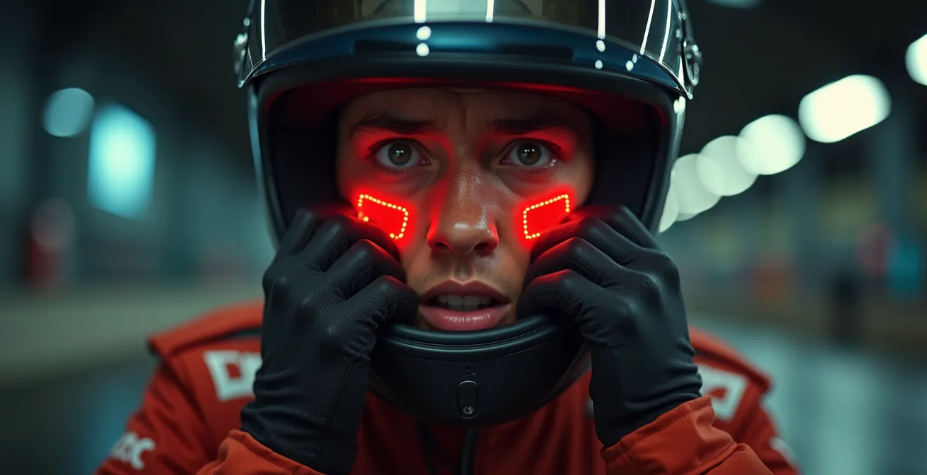 Illustration visuelle d’un pilote en karting inconfortable avec équipement mal ajusté, montrant une expression de distraction et des zones de pression sanguine marquées.