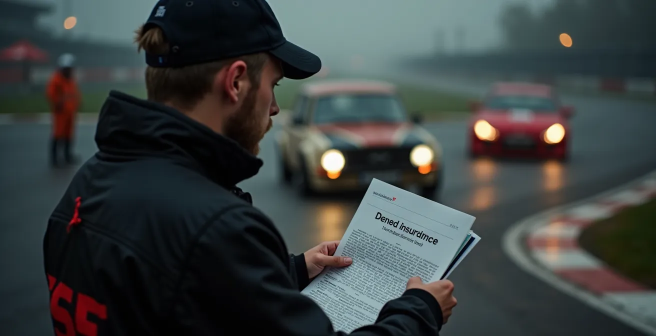 Un pilote amateur lors d’un trackday entrevue avec une assurance refusée et des conséquences juridiques évoquées en arrière-plan.