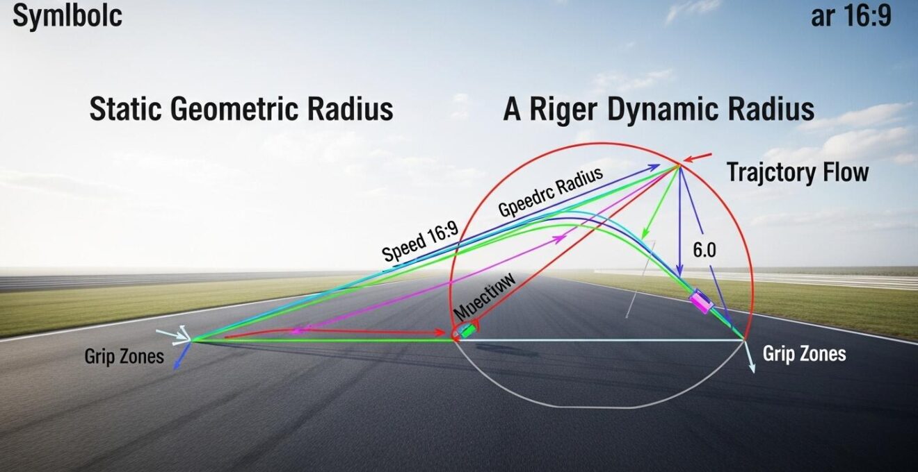 Schéma créatif montrant la différence entre rayon géométrique et rayon dynamique d'un virage automobile