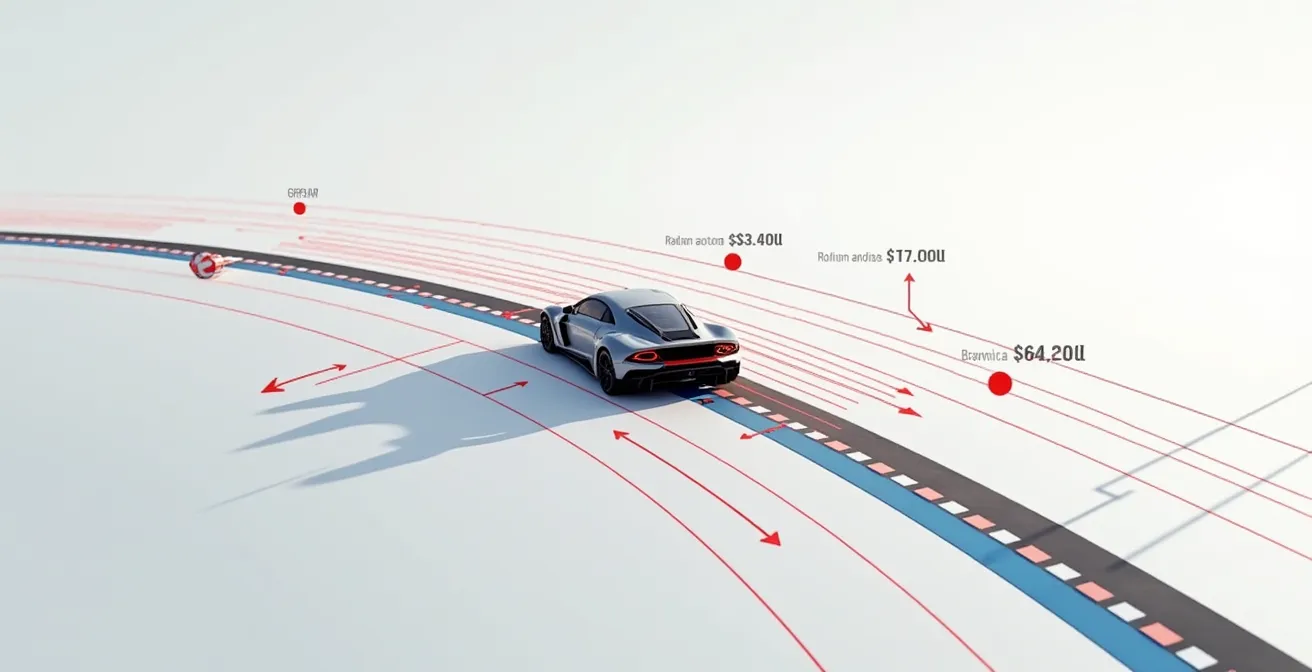 Illustration d’un virage avec trajectoire et carrossage expliqués pour optimiser la prise de virage